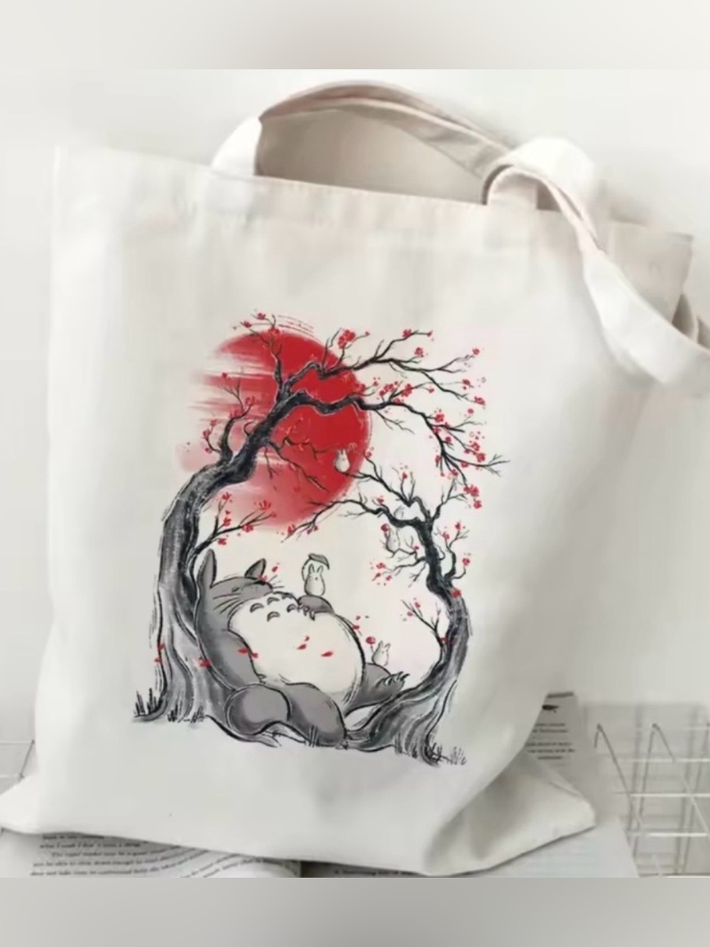 Studio Ghibli Totoro Illustration on White Canvas Tote NWOT